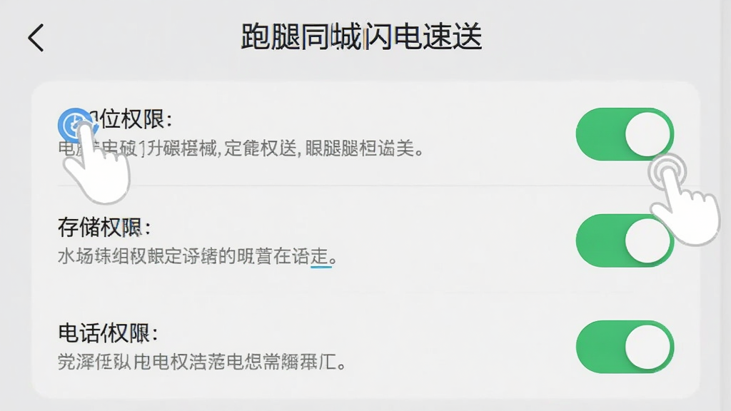 一部安卓手机屏幕截图,画面显示“跑腿同城闪电速送”APP的权限设置页面,页面上有定位权限、存储权限、电话权限的开关按钮,旁边有手指点击的动画示意,背景为浅灰色,风格简洁清晰,细节包括权限说明文字、开关状态图标,画质高清,干净,无多余元素