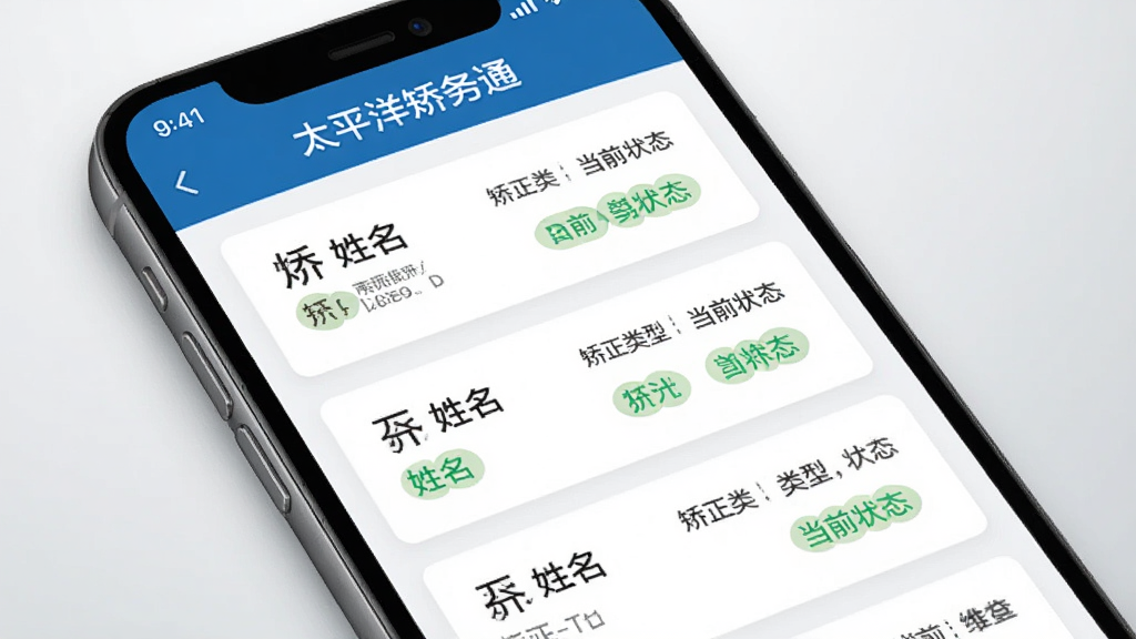 一部手机屏幕展示“太平洋矫务通”矫正对象信息列表页面,页面中包含多条人员卡片,每张卡片显示姓名、矫正类型和当前状态标签,界面配色以蓝白为主,干净整洁,背景为浅灰色渐变,画面风格简约商务,细节清晰,画质干净,无多余元素