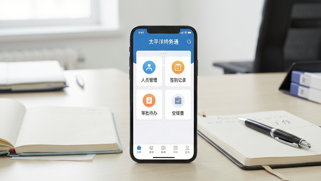 一张展示社区矫正移动办公场景的图片,画面中央是一部智能手机,手机屏幕上显示“太平洋矫务通”应用主界面,界面包含人员管理、签到记录、审批待办等模块图标,手机旁边放置一本工作笔记本和一支笔,背景是简洁的司法所办公室桌面,光线明亮柔和,整体风格写实干净,构图居中,画质清晰,无多余装饰元素