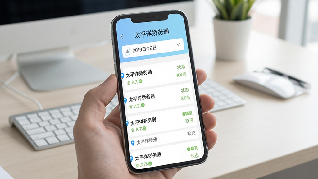 手机屏幕呈现“太平洋矫务通”签到记录页面,页面上方显示日期筛选栏,下方列出多条签到记录,每条记录带有定位图标和状态标识,界面风格清爽,以白色和浅蓝色为主色调,背景是办公桌面,整体画面干净利落,画质清晰,无多余元素