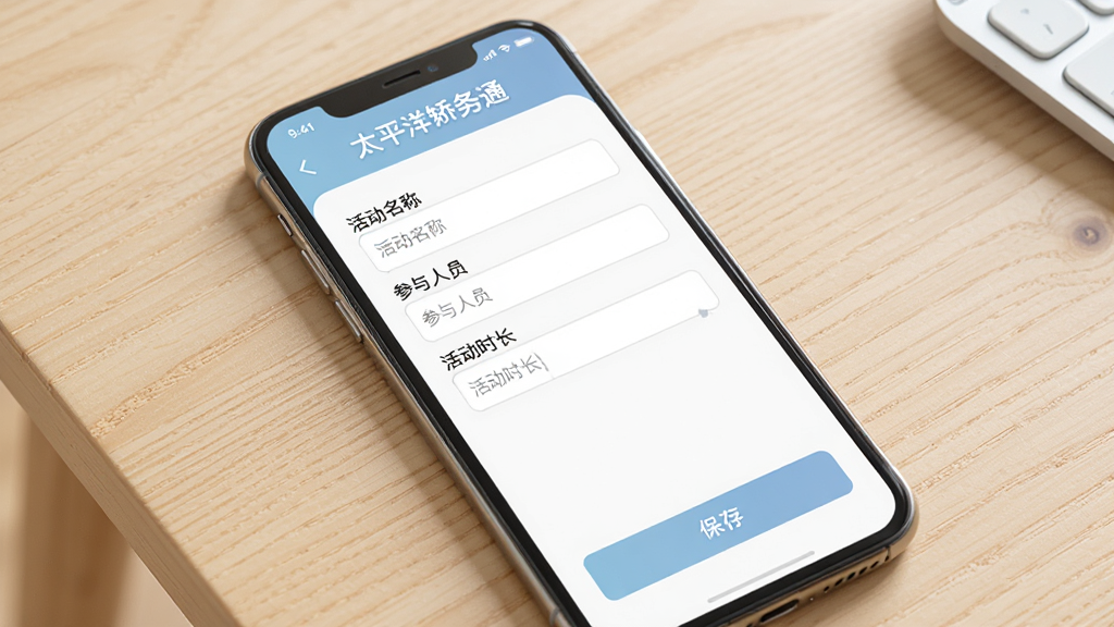 一部手机展示“太平洋矫务通”教育学习记录填写界面,界面上有活动名称、参与人员、活动时长等输入框,下方有保存按钮,界面设计简洁,配色柔和,背景为浅色木质桌面,画面风格写实,细节清晰,画质干净,无多余元素