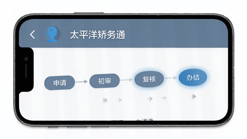 手机屏幕显示“太平洋矫务通”请销假审批详情页,页面上有审批流程节点图,包含申请、初审、复核、办结等环节,当前节点高亮显示,界面风格商务简约,蓝灰色调,背景干净,画质清晰,无多余元素