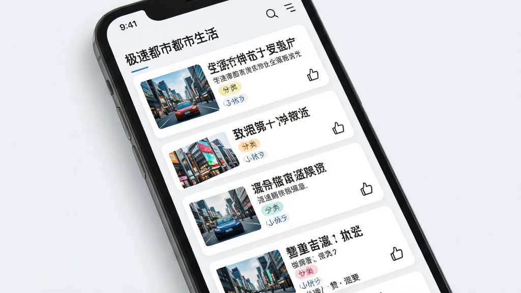 极速都市都市生活资讯页面,主体为手机屏幕展示资讯信息流,布局为卡片式列表排版,风格为清新阅读风,细节包含新闻缩略图、标题文字、分类标签、点赞图标,画质高清,干净,无多余元素