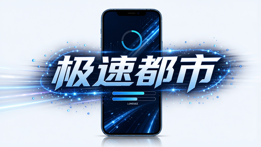 极速都市极速响应引擎概念图,主体为速度感十足的光效线条与手机结合,布局为居中构图,排版突出“极速都市”文字标识,风格为科技动感风,细节包含蓝色光轨、粒子特效、手机屏幕显示加载进度条,画质高清,干净,无多余元素