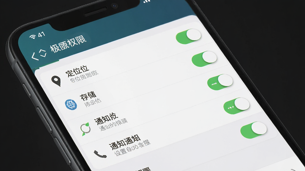 极速都市安装设置权限界面示意图,主体为手机屏幕显示权限管理页面,布局为列表式权限开关,风格为系统设置风,细节包含定位、存储、通知等权限选项,画质高清,干净,无多余元素