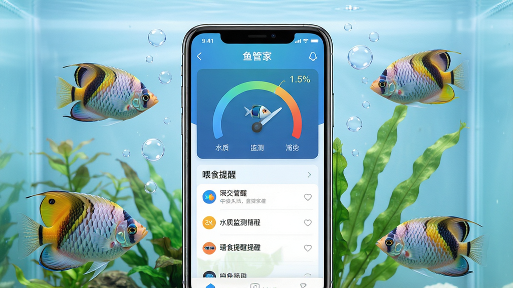 一张展示鱼管家手机应用主界面的场景图,画面中央是一部竖屏智能手机,屏幕上显示鱼管家APP的水质监测仪表盘和喂食提醒列表,手机周围环绕着五彩斑斓的热带鱼、水草和小气泡,背景是柔和的浅蓝色水族箱环境,整体布局为居中构图,风格清新写实,细节包括手机边框反光、鱼鳞纹理和水草摇曳感,画质4K超清,干净无多余元素,画面中文字标注“鱼管家”