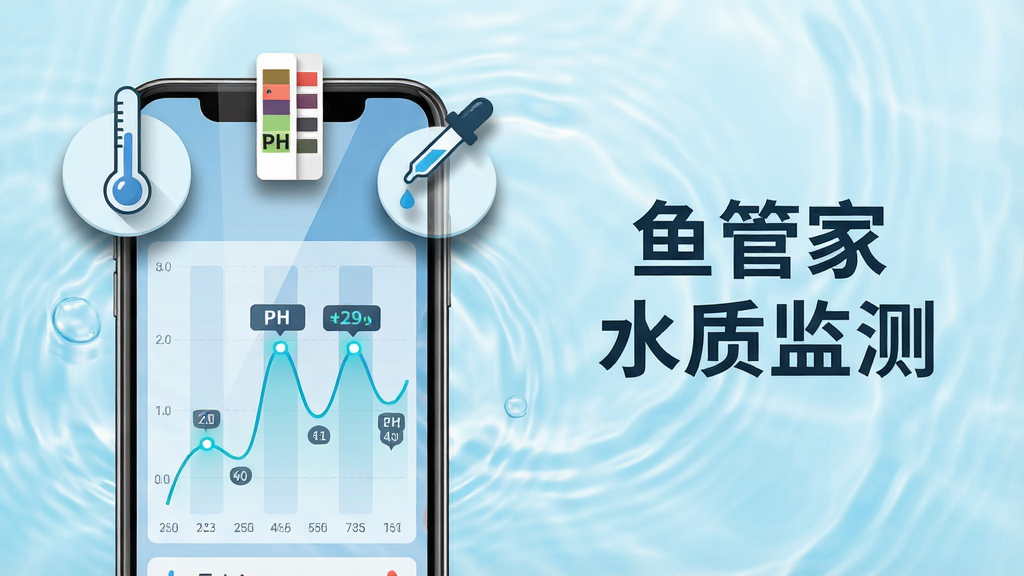 一幅展示鱼管家水质监测功能的AI生图,画面主体为手机屏幕上的水质数据曲线图,屏幕上方漂浮着温度计、PH试纸和滴管图标,背景为淡蓝色水波纹,布局采用左图右文排版,风格扁平化科技感,细节包括曲线上的数据点高亮、图标阴影和屏幕反光,画质高清,干净无多余元素,画面中文字标注“鱼管家水质监测”