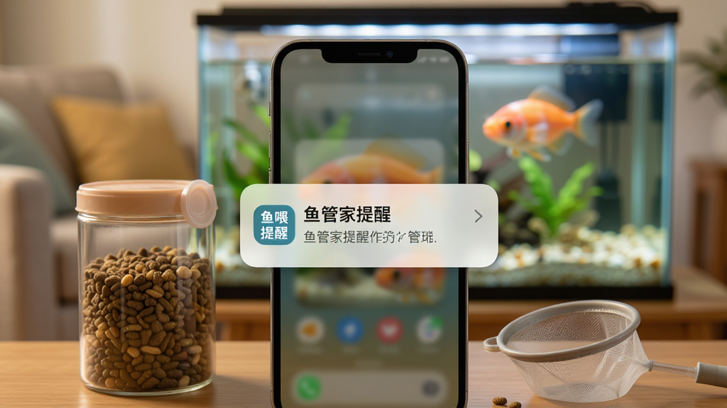一张鱼管家提醒功能的场景图,画面中央手机弹出投喂提醒通知卡片,旁边摆放着鱼食罐和小网兜,背景是客厅鱼缸的虚化影像,布局为居中特写,风格温暖生活化,细节包括通知卡片的圆角阴影、鱼食颗粒质感和鱼缸玻璃反光,画质超清,干净无多余元素,画面中文字标注“鱼管家提醒”