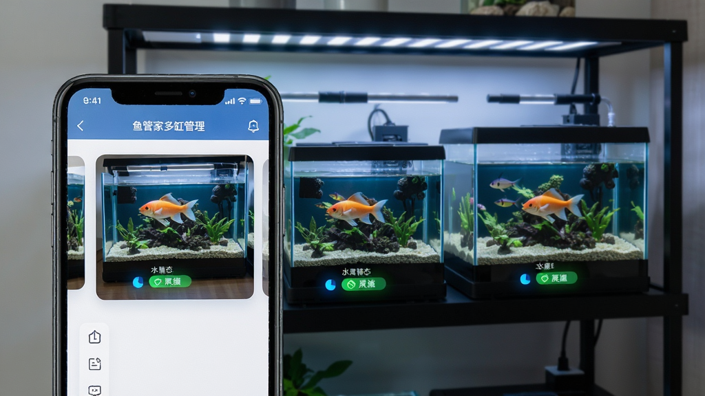 一张展示鱼管家多缸管理功能的生图,画面中手机屏幕显示三个鱼缸缩略图并列,每个缸下方有水质状态指示灯,背景为家庭水族架,布局为横向排列,风格现代科技感,细节包括指示灯发光效果、玻璃缸体透明质感和手机UI层次,画质4K,干净无多余元素,画面中文字标注“鱼管家多缸管理”
