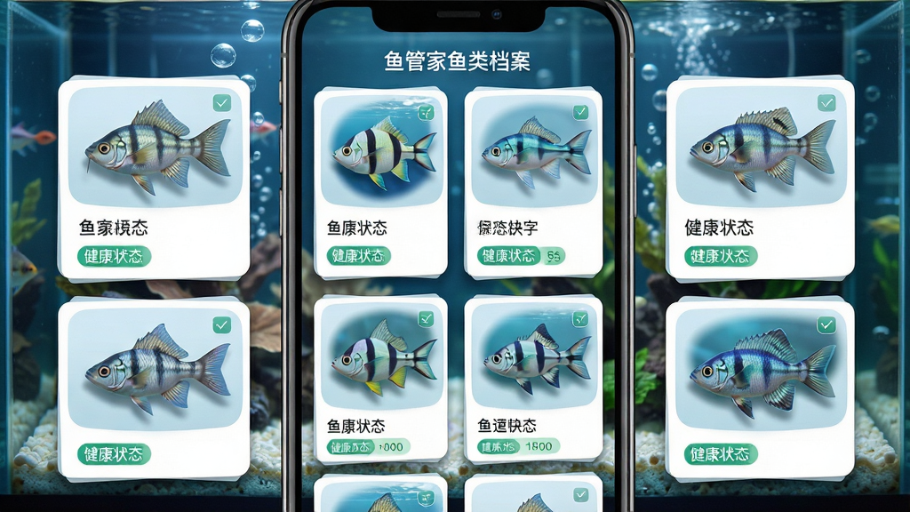 一幅鱼管家鱼类档案界面的AI生图,画面展示手机屏幕上排列着多个鱼类头像卡片,每张卡片包含鱼名和健康状态标签,背景为水族箱内景,布局采用网格排列,风格简约清新,细节包括卡片投影、鱼鳍纹理和气泡点缀,画质高清,干净无多余元素,画面中文字标注“鱼管家鱼类档案”