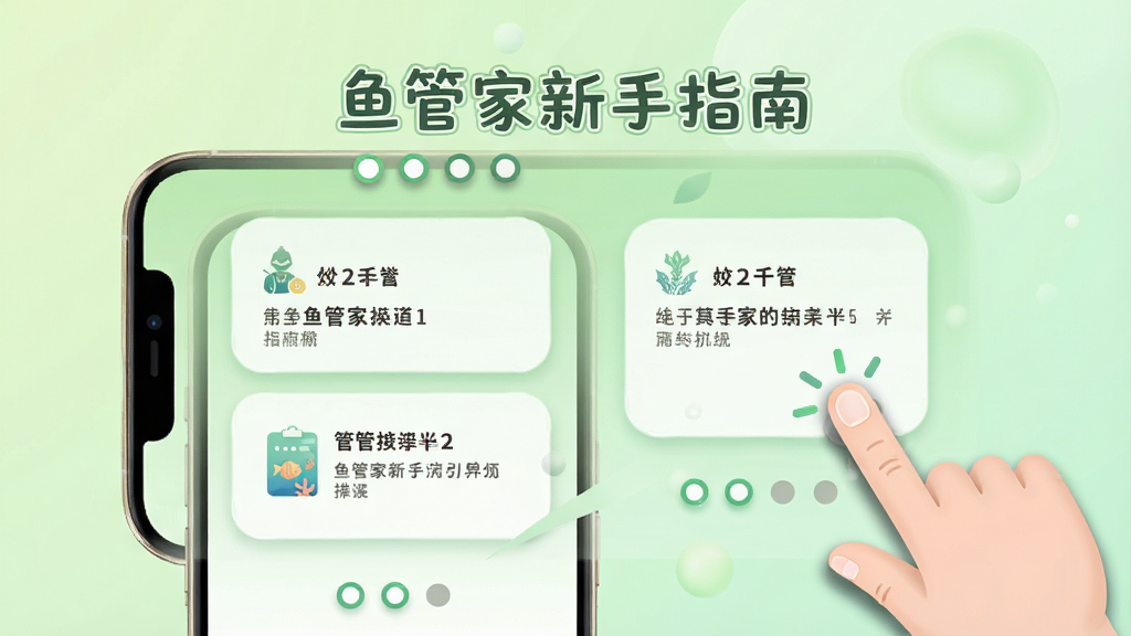 一张鱼管家新手操作引导页的生图,画面中手机屏幕显示分步教程卡片,旁边有手指点击动画,背景为淡绿色渐变,布局为上下结构,风格友好亲切,细节包括卡片圆角、手指阴影和进度圆点,画质高清,干净无多余元素,画面中文字标注“鱼管家新手指南”