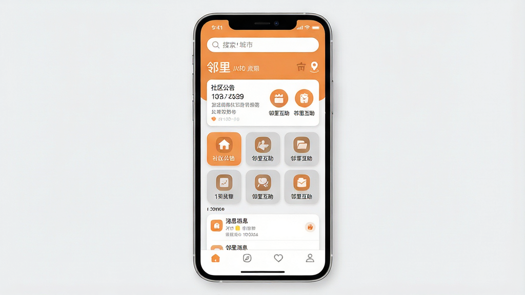 画一幅手机应用界面展示图,画面主体是一部竖直摆放的智能手机,屏幕内显示“邻里”APP首页,包含社区公告卡片、邻里互助图标和消息列表。布局采用上下结构,顶部为搜索栏和城市定位,中部为九宫格功能入口,底部为导航栏。排版整齐清晰,风格为现代扁平化设计,主色调选用温暖的橙色与浅灰色搭配。细节上体现圆润图标、柔和阴影和简洁文字标签。画质高清,干净,无多余元素。