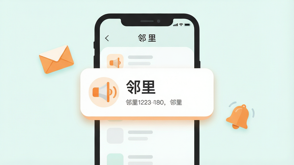 生成一张扁平化插画,主体是“邻里”APP的公告推送界面,画面中央是一个手机屏幕,屏幕里弹出带有喇叭图标的通知卡片,卡片上写着“邻里”。布局采用居中构图,手机两侧漂浮着信封和铃铛小图标。排版简洁,风格为清新浅色系,橙色点缀。细节包括圆角卡片、柔和投影和清晰文字。画质高清,干净,无多余元素。