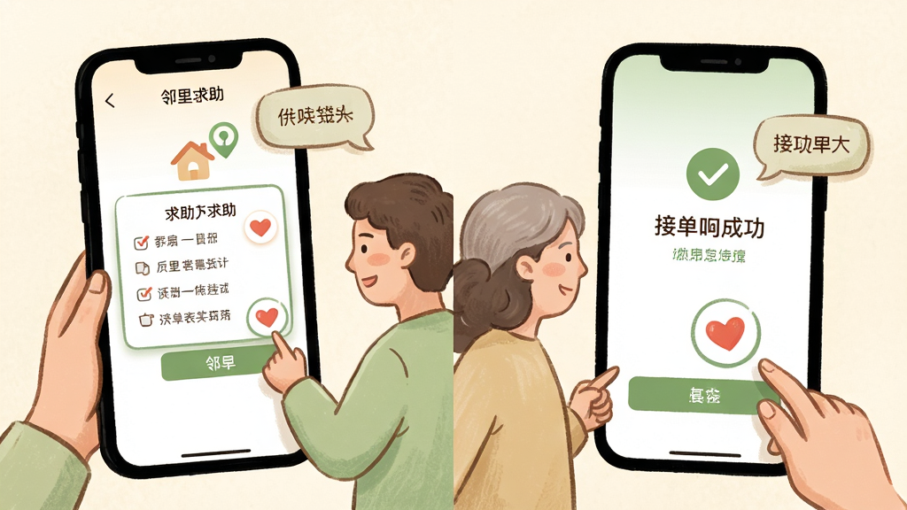 绘制一张场景插画,主题为“邻里”APP的互助功能,画面展示两位邻居在手机屏幕内外互动,一人发布求助,另一人点击响应。布局为左右分屏,左侧手机显示求助表单,右侧手机显示接单成功。风格为温暖手绘风,色调以米白和浅绿为主。细节包含对话气泡、爱心图标和定位标记。画质高清,干净,无多余元素。