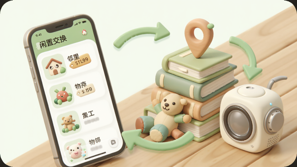 绘制一张清新风格的插画,主题为“邻里”APP闲置交换,画面中一部手机展示物品列表,旁边堆放着书籍、玩具和小家电,有箭头表示循环交换。布局为对角线构图,风格为柔和圆角,浅绿色与木色搭配。细节有价格标签、定位图钉和循环箭头。画质高清,干净,无多余元素。