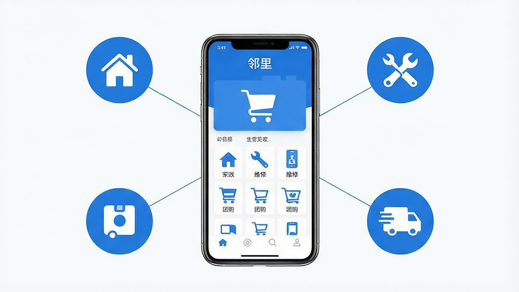 生成一张信息图风格图片,展示“邻里”APP的生活服务聚合页面,画面中心是手机界面,周围环绕家政、维修、团购、快递四个圆形图标。布局采用放射状排列,排版规整。风格为简约商务,蓝色与白色为主。细节有细线连接图标与手机,图标内包含简洁符号。画质高清,干净,无多余元素。