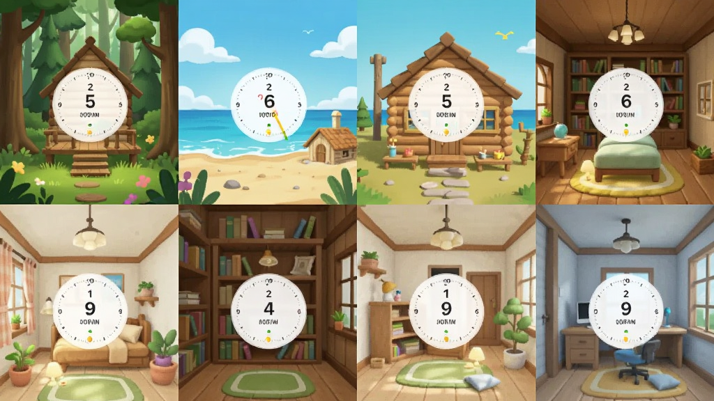 专注小屋应用内展示多个不同风格虚拟房间的截图拼图,画面中有森林小屋、海边木屋、书房等场景,每个场景内都有专注计时界面,风格统一为清新治愈系插画,布局为网格排列,画质干净明亮,无多余元素