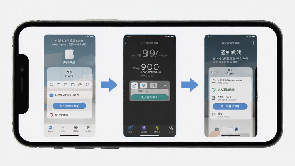 专注小屋新手安装设置流程图,画面以手机屏幕为载体,分步骤展示开启未知来源、授予通知权限、加入后台白名单等操作界面,风格为扁平化图标加箭头指引,配色清晰易读,画质干净,无多余元素