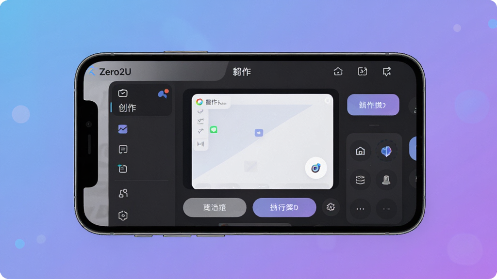 Zero2U软件主界面概览,画面中央展示手机屏幕,屏幕内呈现简洁的创作面板与功能按钮,背景为柔和的渐变蓝紫色调,风格现代科技感,细节清晰,画质干净无多余元素,主体突出,排版居中