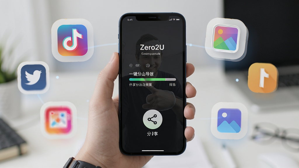 Zero2U一键分享与导出功能展示,画面中一只手拿着手机,手机屏幕上显示作品导出进度条与分享图标,周围环绕着社交媒体与相册的抽象图标,风格简洁现代,细节清晰,画质干净,主体为分享操作瞬间