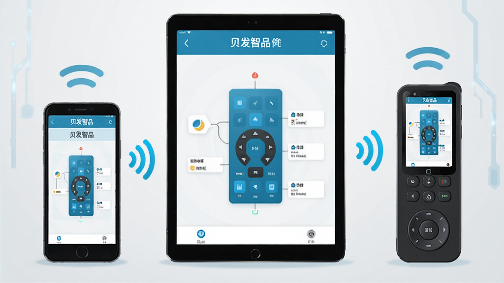 ������Ʒ���豸ͬ������ʾ��ͼ��������չʾ�ֻ���ƽ��ͷ����ն���̨�豸���Űڷţ���Ļ����ʾ������Ʒ��ͬ�����棬�豸֮���������ź�ͼ�����ӣ�����Ϊǳ��ɫ���䣬���Ϊ�Ƽ��б�ƽ�廭�磬ϸ�ڰ����豸��Ļ����һ�¡�����ͼ���ࡢ������ɫͳһ�����ʸ��壬�ɾ����޶���Ԫ��