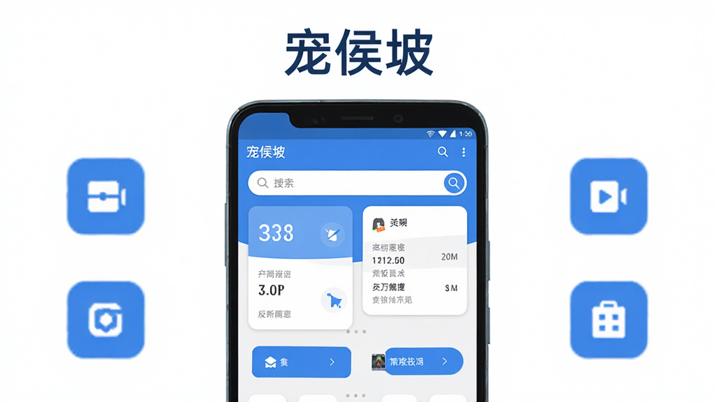 主体为一部安卓手机正面展示“宠侯坡”应用主界面,布局为居中手机加左右功能图标环绕,排版采用上下结构上方留白放标题下方放手机,风格为扁平化科技蓝白配色,细节包括界面卡片、搜索栏、功能入口按钮,画质高清干净无多余元素