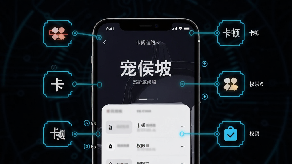 主体为“宠侯坡”应用在手机上的运行状态界面,布局为手机屏幕特写加周围问题图标标注,排版中心突出手机,风格为科技感深色背景配亮色标注,细节包括闪退、卡顿、权限等图标,画质高清干净无多余元素