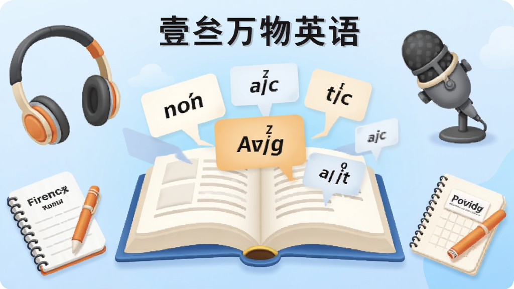 一张展示英语学习场景的插画,画面中央是一本翻开的英语书,书页上浮现出单词卡片和音标符号,周围环绕着耳机、麦克风、笔记本等学习工具,背景是柔和的浅蓝色渐变,风格简洁明快,细节清晰,画质干净,无多余元素,图中用英文标注“壹叁万物英语”字样