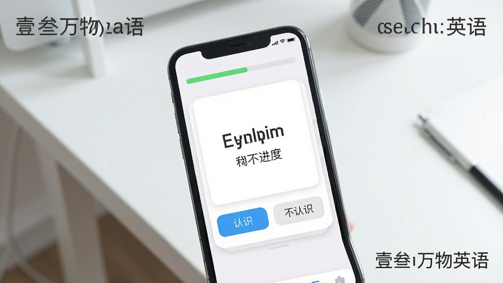 一张展示手机屏幕上单词记忆界面的图片,画面中手机竖屏显示单词卡片,卡片上写着英文单词和中文释义,下方有“认识”和“不认识”两个按钮,屏幕顶部有学习进度条,背景是干净的书桌桌面,风格现代简约,画质清晰,图中用英文标注“壹叁万物英语”字样
