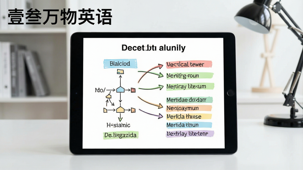 一张展示语法学习页面的图片,画面中平板电脑屏幕上显示英文语法结构图和例句,旁边有彩色标注和箭头指示,背景是整洁的书房,风格理性清晰,画质干净,图中用英文标注“壹叁万物英语”字样