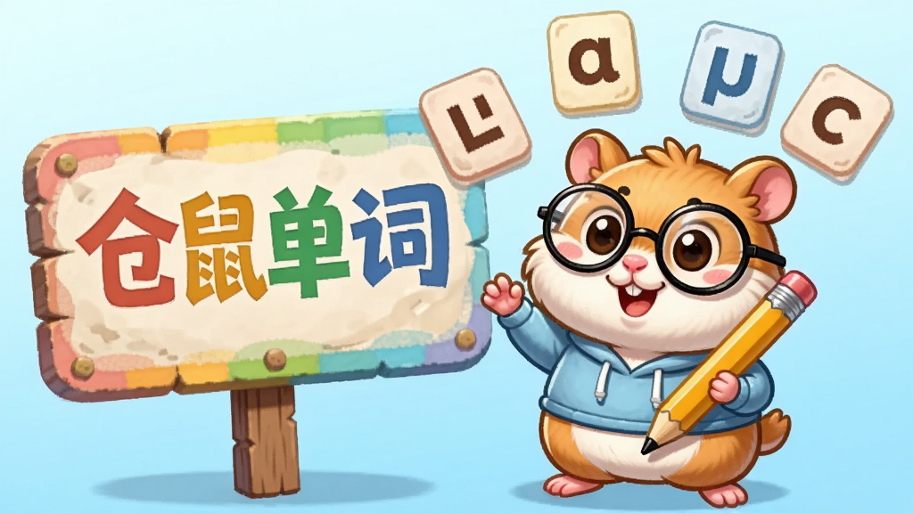一只戴着眼镜的卡通仓鼠站在写有“仓鼠单词”字样的彩色招牌旁,手里拿着一支铅笔指向空中的英文单词卡片,背景是浅蓝色渐变,风格为Q版卡通,细节清晰,画质干净,无多余元素