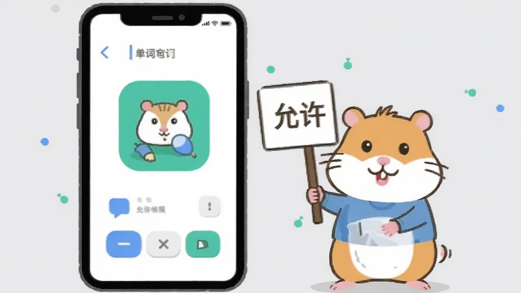 一部智能手机屏幕显示仓鼠单词应用界面,旁边有卡通仓鼠举着“允许权限”的牌子,背景是简洁的浅灰色,风格为扁平化科技插画,细节清晰,画质干净,无多余元素