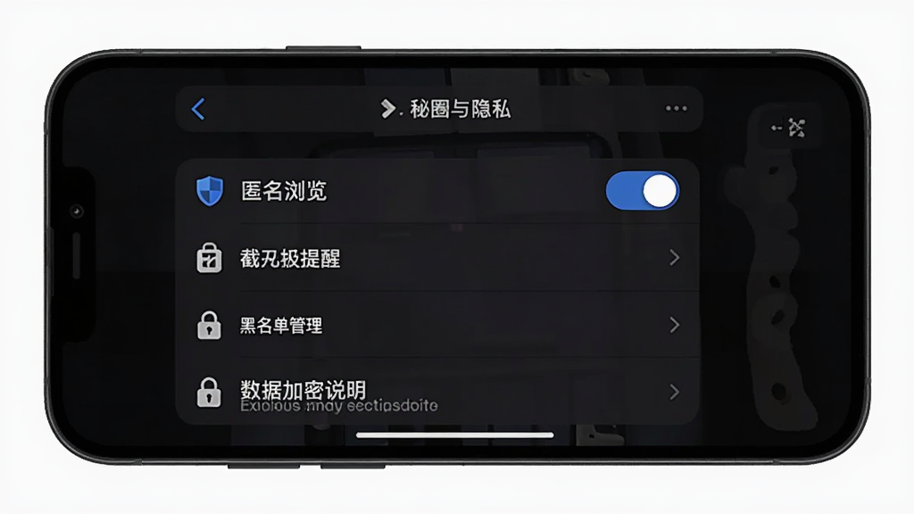 秘圈隐私设置页面,手机屏幕显示安全与隐私设置菜单,包含匿名浏览开关、截屏提醒、黑名单管理、数据加密说明等选项,界面采用深色模式,图标为盾牌和锁形,画质清晰,风格沉稳