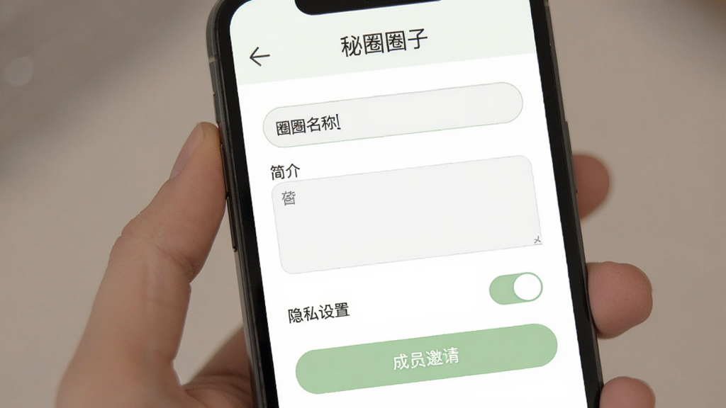 秘圈圈子创建界面,手机屏幕显示创建圈子的表单页面,包含圈子名称输入框、简介填写区、隐私设置开关和成员邀请按钮,界面配色柔和,以白色和浅绿色为主,图标简洁,画质清晰,干净无杂物