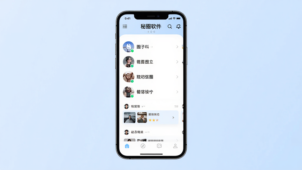 秘圈软件主界面展示,手机屏幕中呈现简洁的社交应用首页,顶部有秘圈Logo,中部为圈子列表和动态卡片,底部导航栏清晰,背景为淡蓝色渐变,整体风格清新现代,画质清晰干净,无多余元素
