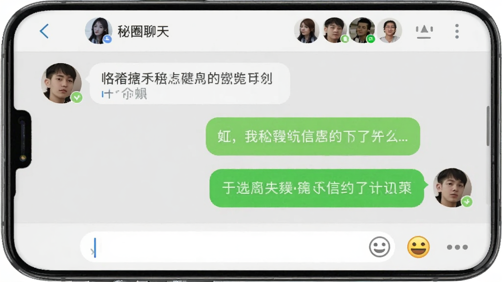 秘圈聊天界面,手机屏幕展示群聊对话窗口,左侧为头像和消息气泡,右侧为用户自己发送的消息,底部有输入框和表情按钮,顶部显示群名称和成员头像,背景为浅灰色,界面整洁,画质清晰