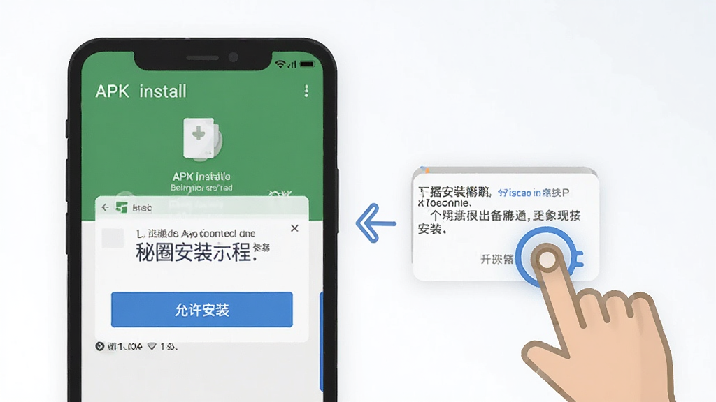 秘圈安装教程示意图,手机屏幕显示APK安装界面,包含“允许安装”按钮和权限提示弹窗,旁边有手指点击的图标,背景简洁,画质清晰,风格扁平化