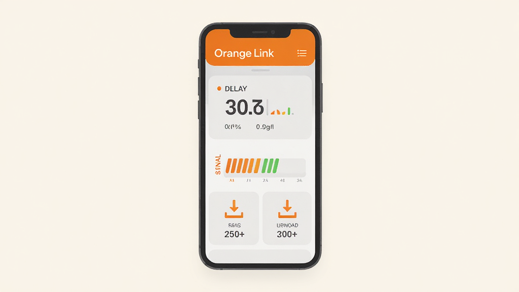 一张扁平化风格的手机应用界面展示图,画面中手机屏幕显示“Orange Link”的实时状态监控面板,包含延迟数值、信号强度条和上传下载速率图标,配色以橙色和浅灰色为主,界面布局清晰,背景为干净的浅色,画质高清,无多余元素