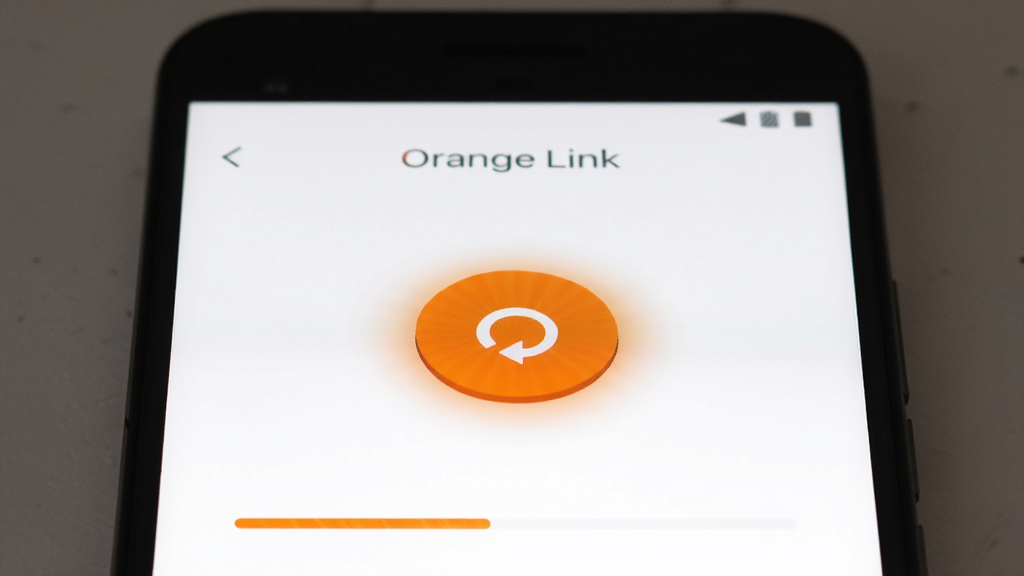 一部安卓手机特写,屏幕显示“Orange Link”应用主界面,正中央有一个醒目的橙色圆形连接按钮,按钮周围有柔和的光晕效果,界面背景为纯白色,手机下方有简约的进度条动画,整体风格极简现代,画质清晰,干净无杂乱元素
