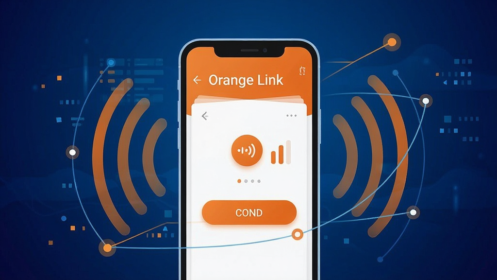 一张展示安卓手机屏幕的科技风格插画,画面中央是“Orange Link”应用界面,主色调为橙色与白色,界面简洁现代,包含连接按钮和信号强度图标,手机周围环绕着抽象的网络信号波纹与数据节点,背景为深蓝色渐变,风格干净清爽,画质高清,无多余杂乱元素