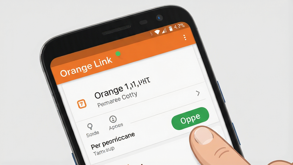 一张安卓手机操作示意图,画面中手机屏幕显示“Orange Link”的权限设置页面,有手指点击开启权限的动画示意,界面简洁,配色为橙色和白色,背景为浅灰色,风格清晰直观,画质高清,无多余元素