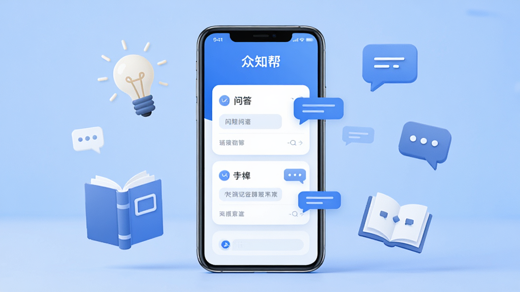整体画面以蓝白色调为主,中心位置展示一部智能手机,手机屏幕上显示“众知帮”应用的主界面,界面包含问答卡片和聊天气泡元素,手机周围环绕着书籍、灯泡、对话气泡等知识符号,背景为柔和的渐变蓝色,风格简洁现代,细节清晰,画质高清,干净,无多余元素