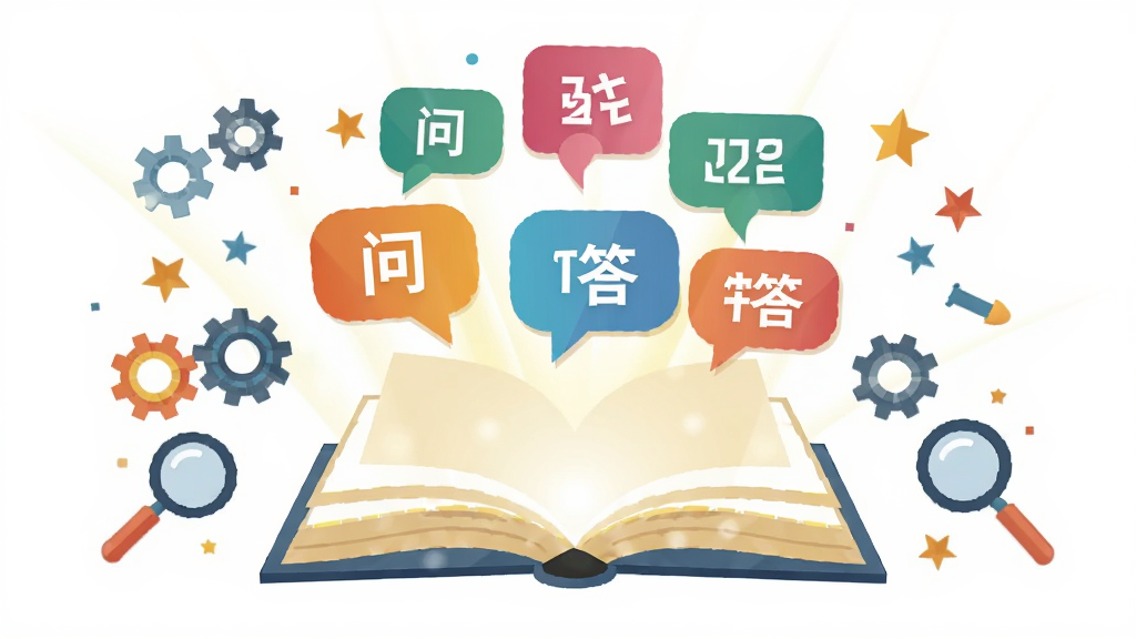 画面中央是一本打开的发光书籍,书页上方漂浮着多个彩色对话气泡,每个气泡内写有“问”和“答”字样,书籍周围散落着齿轮、放大镜、星星等装饰元素,整体布局均衡,风格扁平化插画,细节丰富,画质清晰,干净,无多余元素
