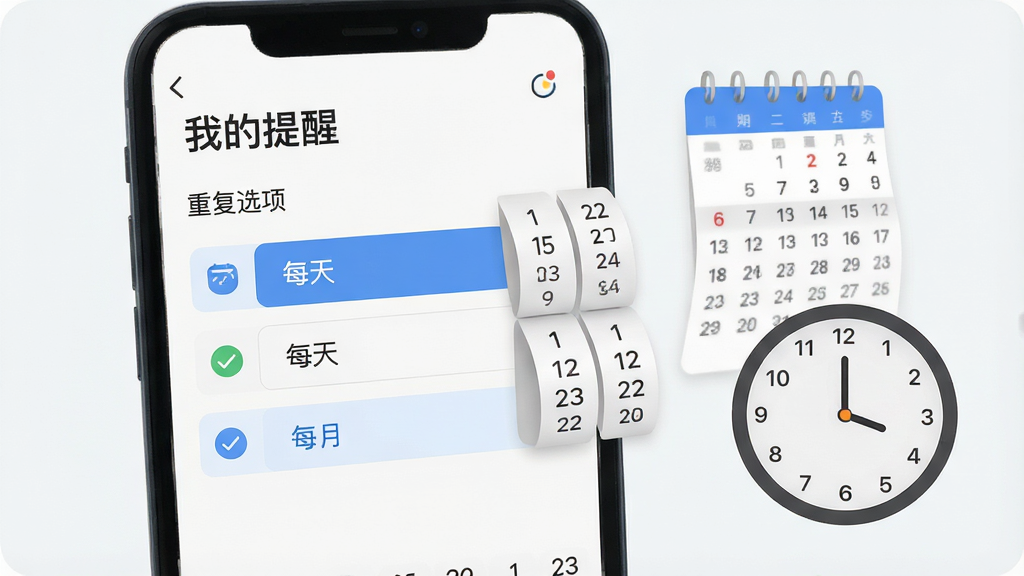 一幅展示我的提醒软件重复提醒设置界面的AI图片,画面主体是一个手机屏幕,屏幕上显示“我的提醒”文字和重复选项列表,包括每天、每周、每月等按钮,旁边有日历翻页动画和时钟指针,布局简洁,风格现代扁平化,细节有勾选标记和数字日期,画质高清干净,无杂乱元素
