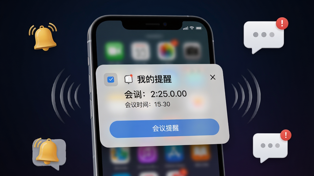 一张我的提醒软件通知效果的概念图,画面中手机屏幕弹出“我的提醒”全屏提醒窗口,窗口内写着会议时间,手机周围环绕着铃铛、震动波纹、通知气泡等图标,背景是深色渐变,突出提醒的醒目感,风格写实科技感,细节有光影效果和按钮,画质清晰干净