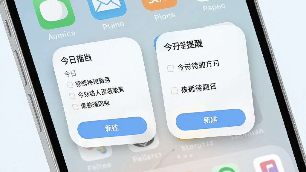 一张我的提醒桌面小组件效果图,画面中手机主屏幕上放置着不同尺寸的我的提醒小组件,组件内显示今日待办事项和新建按钮,周围有应用图标点缀,背景是简约壁纸,风格清新浅色,细节有圆角设计和阴影效果,画质清晰干净无多余元素