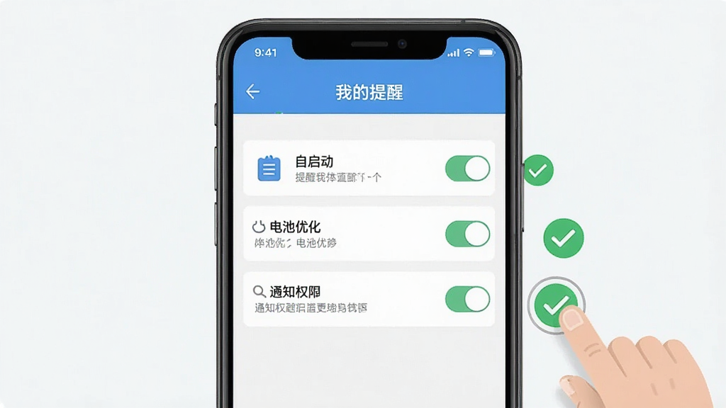 一张展示我的提醒软件权限设置引导页面的图片,画面为手机屏幕显示“我的提醒”设置向导,包含自启动、电池优化、通知权限等开关按钮,旁边有手指点击动画和绿色对勾标记,布局清晰,风格扁平化,细节有文字说明和图标,画质干净无多余元素