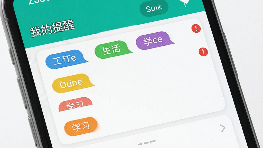 我的提醒软件分类标签界面的示意图,画面为手机屏幕展示“我的提醒”列表,不同颜色的标签如工作、生活、学习整齐排列,高优先级事项有红色感叹号标记,布局为卡片式设计,风格清爽明快,细节有筛选按钮和标签色块,画质干净清晰