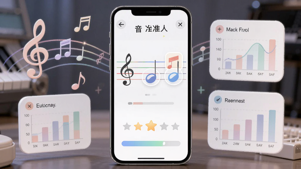 音准达人音阶模唱训练界面,画面展示手机屏幕上有五线谱和音符图标,下方有评分星级和进度条,周围环绕音乐符号和训练数据图表,风格为柔和浅色系,画质细腻干净