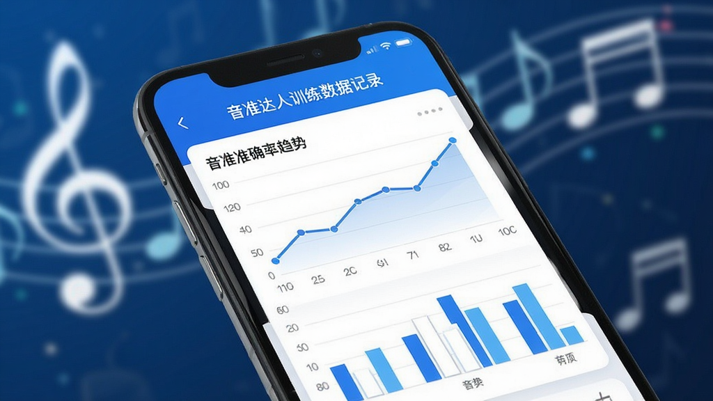 音准达人训练数据记录页面,手机屏幕展示折线图和柱状图,显示音准准确率变化趋势,界面简洁现代,配色为蓝白相间,背景虚化有音乐符号,画质干净清晰